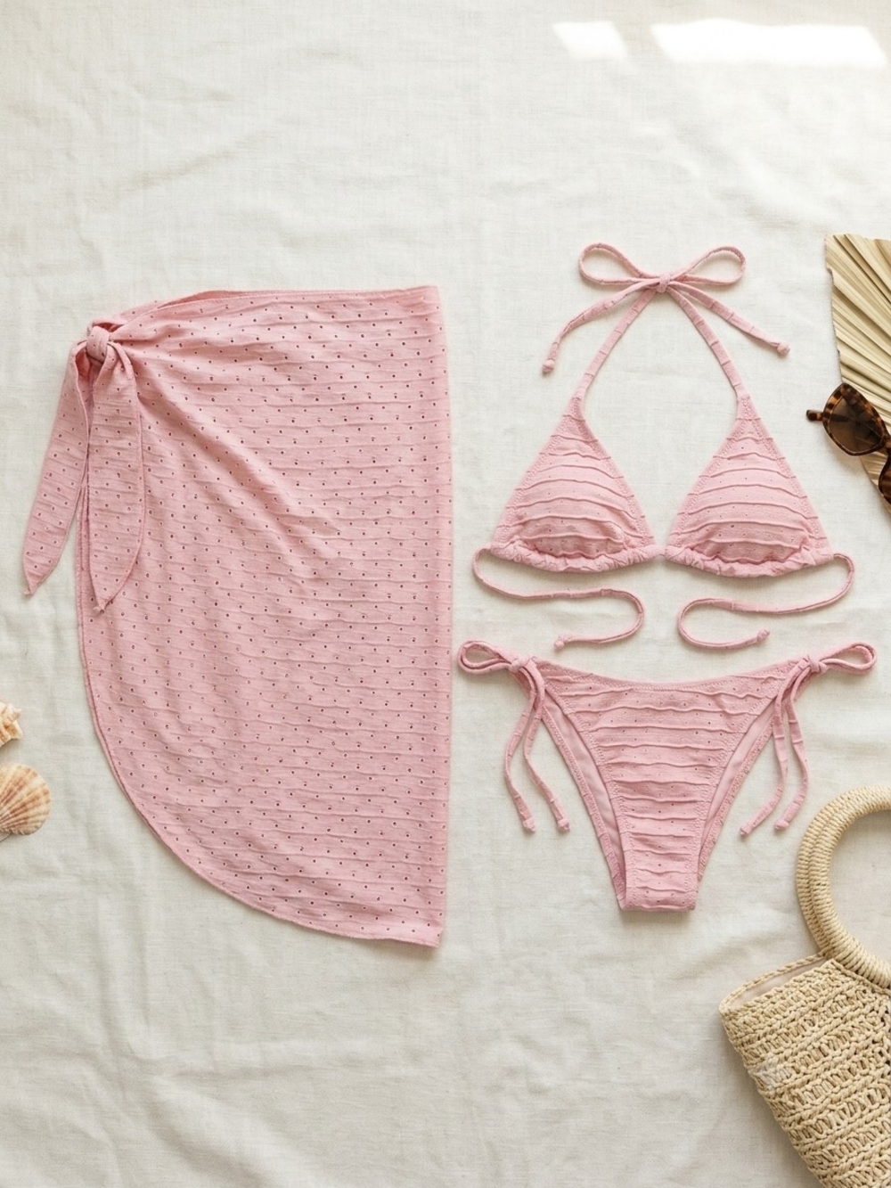 Pink Triangle Bikini Set with Matching Sarong - Women Swim
